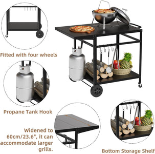 Outdoor Grill Cart Table with Wheels,Double Shelf Outdoor Dining Cart with Foldable Side Table,5 Hooks,Stainless Steel Pizza Oven Trolley BBQ Stand Kitchen Food Prep Worktable,Grill Table