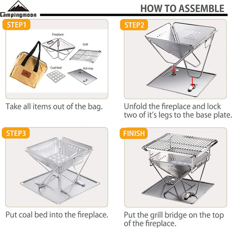 Image of CAMPINGMOON Tabletop Charcoal Grill Small Size Wood Burning Grill and Fire Pit 9.65-Inch Portable Stainless Steel with Carrying Bag X-MINI-PRO