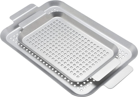 Image of Grill Basket Set of 2 - Nonstick Grilling Tray Durable Grill Pans with Holes for Outdoor Grill Small and Big Topper Baskets BBQ Accessories for Vegetable, Fish, Meat, Seafood 11"X7" & 14"X10"
