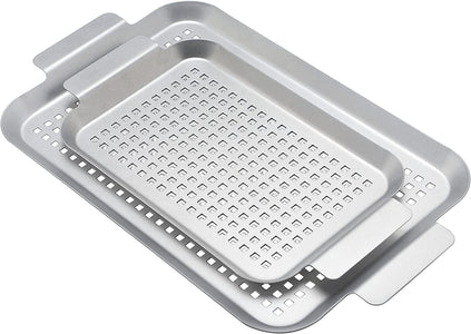 Grill Basket Set of 2 - Nonstick Grilling Tray Durable Grill Pans with Holes for Outdoor Grill Small and Big Topper Baskets BBQ Accessories for Vegetable, Fish, Meat, Seafood 11"X7" & 14"X10"