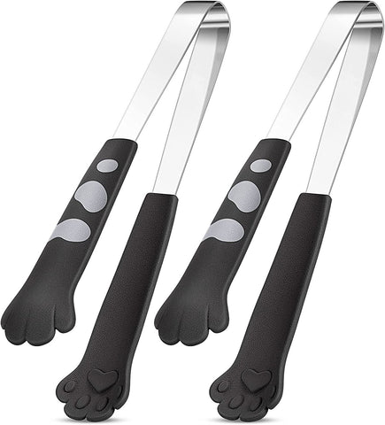 Image of Cat Tongs 7 Inch Food Clips Kitchen Tongs Cat Paw Shape Tongs Stainless Steel Cooking Tongs for BBQ Cooking Grilling Sweets, Sugar (2, Black)