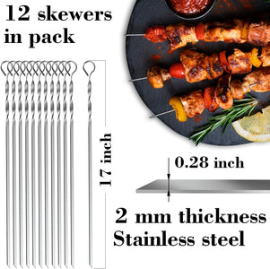 Skewers for Grilling - 12 Pcs Set - 17 Inch Skewers for Kabobs Shashlik - BBQ Skewers Stainless Steel - Shish Kabob Grill Skewers Ideal Kabob Skewer for Meat Shrimp Chicken Vegetable