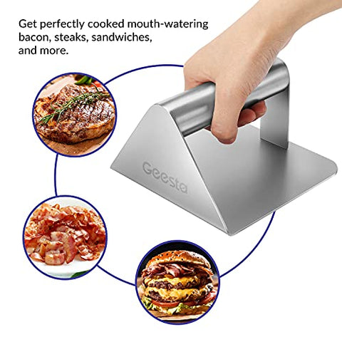 Image of Geesta Smash Burger Press – Heavy Duty Stainless Steel Grill Press Steak Weight – Dishwasher Safe 5.5 Inch Non-Stick Burger Smasher for Blackstone Flat Top Griddle Grill Cooking