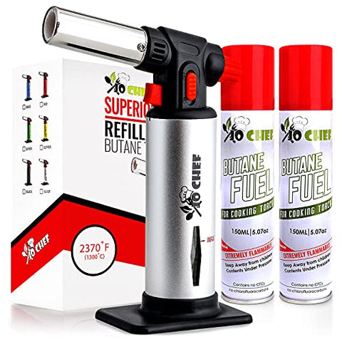 Image of Kitchen Torch With Butane included - Refillable Butane Torch With Safety Lock & Adjustable Flame + Fuel gauge - Culinary Torch, Creme Brûlée Torch for Cooking Food, Baking, BBQ, 2 Cans Included