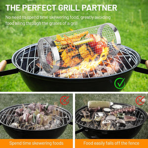 Grill Basket, Rolling Grilling Baskets for Outdoor Grilling, Grill Baskets for Outdoor Grill, Vegetables Grill Baskets, round Stainless Steel BBQ Grill Basket Veggies Fish, Barbeque Grill Accessories (S: 20 X 9 X 9Cm)