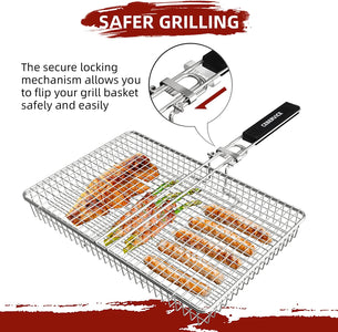 CEBERVICE Grill Basket Extra Large, SUS304 Food Safe Stainless Steel, Portable Folding BBQ Outdoor Camping Grilling Rack for Fish, Vegetables, Shrimp, Barbeque Griller Cooking Accessories, Grilling Gifts for Men, Dad, Father, Husband