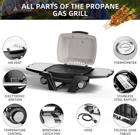 Image of Portable Gas Grill, Portable Propane Grill, Propane Gas Grill, 24,000 BTU Outdoor Tabletop Small BBQ Grill with Two Burners, Removable Side Tables, Gas Hose and Regulator, Built in Thermometer, White
