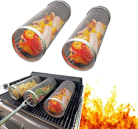 Image of Grill Basket 2PCS Rolling Grilling Baskets for Outdoor Grilling,Bbq Net Tube Stainless Steel, Greatest Grilling Basket Ever round Grill Basket Portable Grill Outdoor Camping Barbecue for Vegetables,Fries,Fish(7.9"X3.5"X3.5")