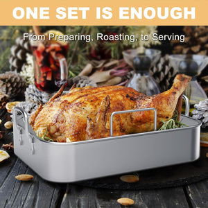 Stainless Steel Roasting Pan, 17*13 Inch Turkey Roaster with Rack - Deep Broiling Pan & V-Shaped Rack & Flat Rack, Non-Toxic & Heavy Duty, Great for Thanksgiving Christmas Roast Chicken Meat Lasagna