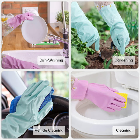 Image of 3 Pairs Rubber Cleaning Gloves for Household - Reusable Dishwashing Gloves for Kitchen, Waterproof Flocked Liner Dish Washing Gloves for Kitchen Bathroom, Laundry, Gardening (Large)