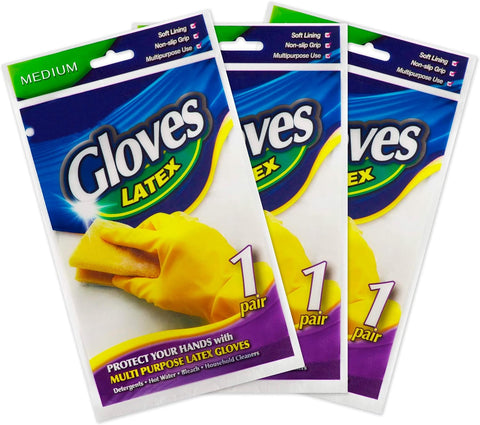 Image of 3 Pairs Yellow Cleaning Dish Gloves, Professional Natural Rubber Latex Gloves, Kitchen Dishwashing Gloves (3 Pairs)