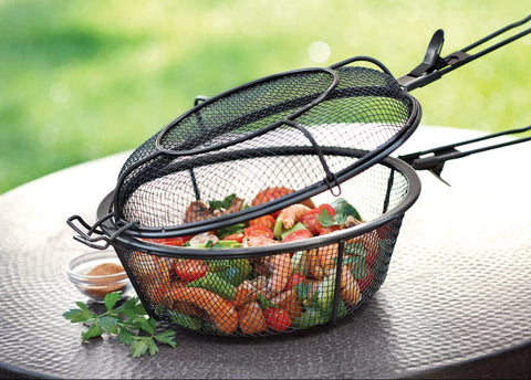 Image of Outset 76182 Chef'S Jumbo Outdoor Grill Basket and Skillet with Removable Handles