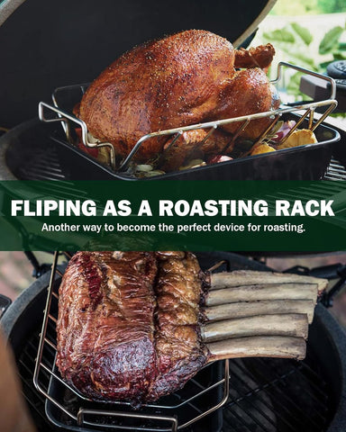Image of Replacement Large Green Egg Rib and Roast Racks for Smoking and Grilling - BBQ Rib Rack for Smoker, Turkey Roasting Rack Accessories, Dual-Purpose Stainless Roaster Rack Works for 18" or Larger Grills
