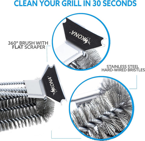 Image of Grill Brush and Scraper - 360 Straight Edge - Compatible with Weber and Pellet Grill Brands - BBQ Cleaner Fits All Grills, Stainless Steel, Cast Iron, Porcelain - Flex Grip Handle