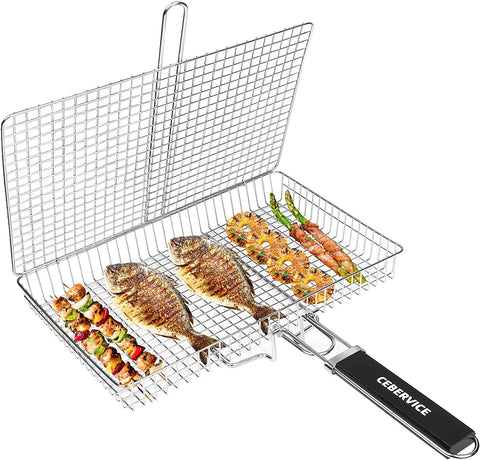 Image of CEBERVICE Grill Basket Extra Large, SUS304 Food Safe Stainless Steel, Portable Folding BBQ Outdoor Camping Grilling Rack for Fish, Vegetables, Shrimp, Barbeque Griller Cooking Accessories, Grilling Gifts for Men, Dad, Father, Husband