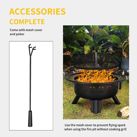 Image of Hykolity 2 in 1 Fire Pit with Grill, Large 31" Wood Burning Fire Pit with Swivel Cooking Grate Outdoor Firepit for Backyard Bonfire Patio outside Picnic BBQ, Spark Cover, Fire Poker