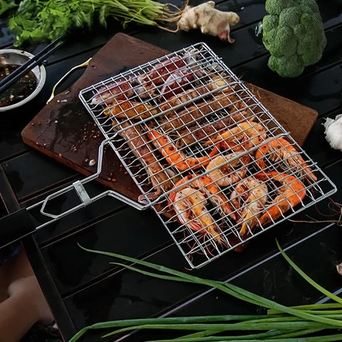Image of Barbecue Grilling Basket,Outdoor 430 Stainless Steel BBQ Pan for Fish,Vegetable,Beef Steaks, with Removable Wooden Handle