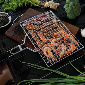 Barbecue Grilling Basket,Outdoor 430 Stainless Steel BBQ Pan for Fish,Vegetable,Beef Steaks, with Removable Wooden Handle