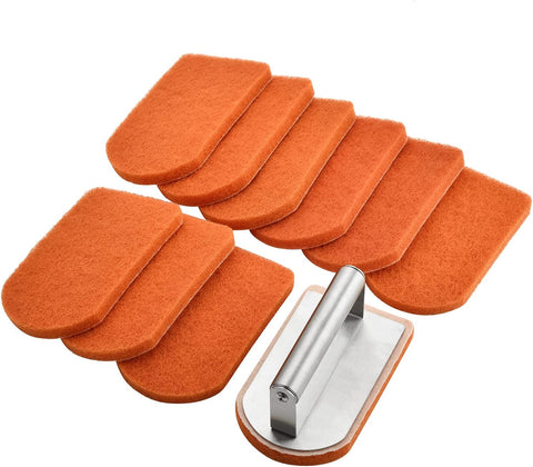 Image of Blackstone Griddle Cleaning Kit - Heavy-Duty 10-Pc Griddle Scrubber Scouring Pads with 1 Stainless Steel Handle - Grill Sponge Cleaner for Flat Top Griddle, Stovetop, & Cast Iron Cookware