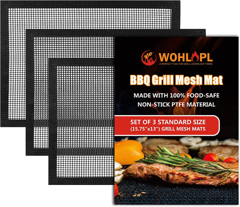 Image of Grill Mesh Mat, Non Stick BBQ Mesh Grilling Mats for Outdoor Grilling, Pellet Smoker, Gas, Charcoal Grill, Heavy Duty, Reusable, Easy to Clean, 15.75 X 13 Inch,Set of 3