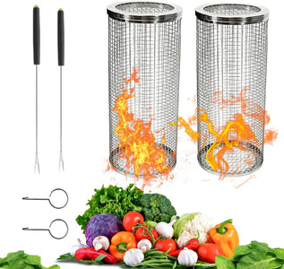 2Pcs Amazing Rolling Grilling Basket - Ultimate Grill Basket for Outdoor Grilling - Grill Baskets for Veggies, Fish, and More - Easy Rolling Design - Durable and Versatile BBQ Accessory - Enhance Your Grilling Experience (3.74"X3.74X11.8")