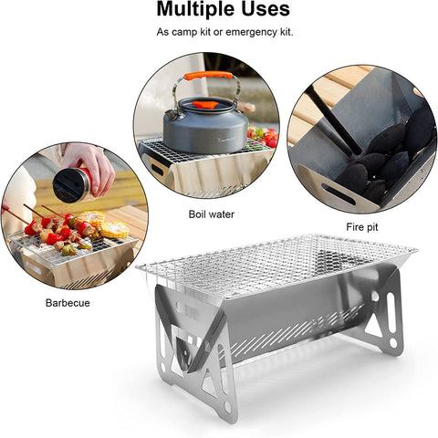 Image of Mini Portable Charcoal Grill,Small BBQ Grill Tabletop Fire Pit for Camping Patio Outdoor Stainless Steel Camping Grill Folding Barbecue Grills Backpacking Grill