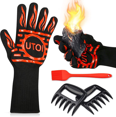 Image of BBQ Grill Accessories Kit, 1472°F Heat Resistant BBQ Gloves Oven Mitts & Meat Shredder Claws & Silicone Sauce Basting Brush for Safe Grilling, Baking, Barbecue, Indoor & Outdoor Cooking