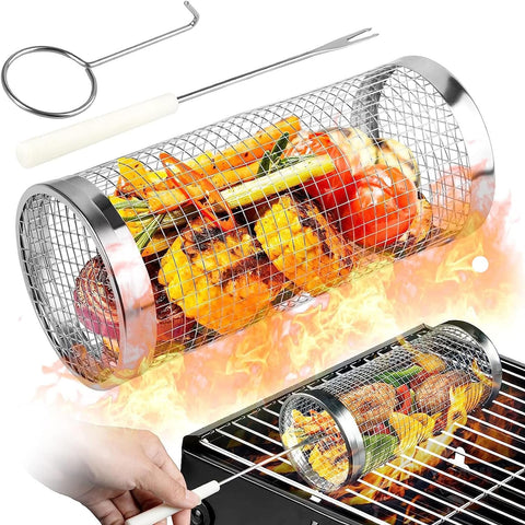 Image of Rolling Grill Basket, Stainless Steel BBQ Rolling Grilling Baskets for Outdoor Grilling, Veggies,French Fries, Fish, Outdoor Grill Cooking Accessories (11.8In)