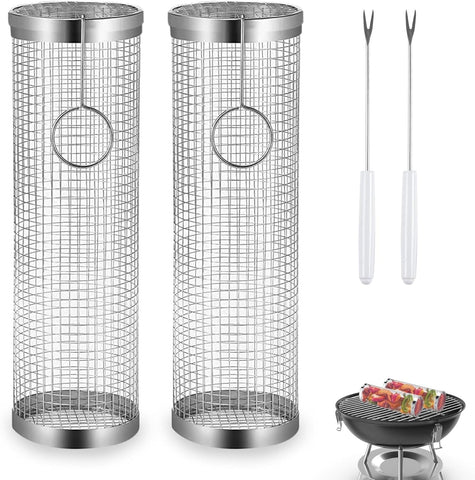 Image of 2PCS Rolling Grilling Baskets - Stainless Steel BBQ Net Tube, Portable Outdoor Camping Grill, round Charcoal Grill Basket for Vegetables, Fries, Fish, Shrimp, Meat - 11.8X3.5X3.5, Ultimate Grilling Accessory