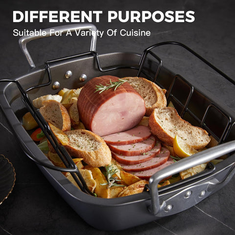 Image of HONGBAKE Nonstick Turkey Roasting Pan with Rack - 17 × 13 Inch Large Roasting Pan Lasagna Pan for Thanksgiving, Christmas - Professional Turkey Roaster Pan with Rack for Oven