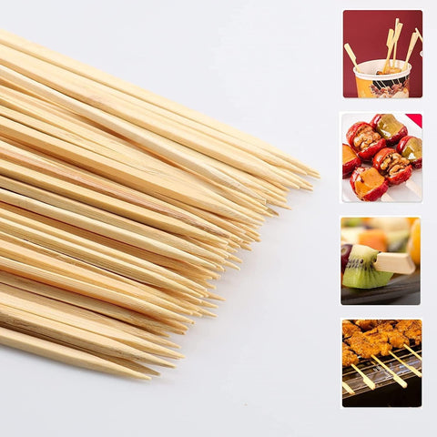 Image of 10-Inch Skewer for BBQ Kebab, Unbleached Long Bamboo/Wood Roasting Sticks for Grill -Heavy Duty Thickness -Flat Stick Flag Handle -With Dust-Free Packaging (100-Pack)