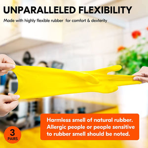 3-Pairs Reusable Household Gloves, Rubber Dishwashing Gloves, Extra Thickness, Long Sleeves, Kitchen Cleaning, Working, Painting, Gardening, Pet Care (Size L, Yellow, HH4601)
