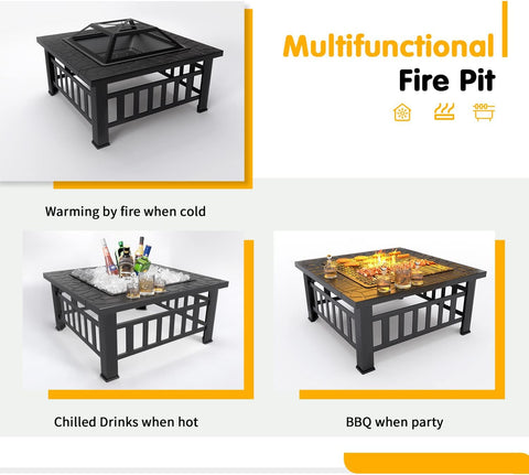 Image of Tuoze 32-Inch Fire Pits Outdoor Patio Metal Multifunctional Firepit Table with Waterproof Cover for Camping Bonfire Party Picnic BBQ Backyard Garden outside Heating,Black