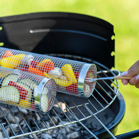 Image of Rolling Grill Basket Set - Two BBQ Grilling Baskets, One Oil Brush, Fork and Hook. BBQ Grilling Accessories Set - Perfect Grill Accessories for Outdoor Grill or Campfire Grill Grate, Grill Pan Grill Tools Grilling Gifts