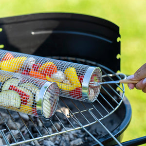 Rolling Grill Basket Set - Two BBQ Grilling Baskets, One Oil Brush, Fork and Hook. BBQ Grilling Accessories Set - Perfect Grill Accessories for Outdoor Grill or Campfire Grill Grate, Grill Pan Grill Tools Grilling Gifts