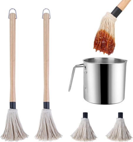 Image of BBQ Sauce Pot and Basting Brush Set, 61Oz Stainless Steel Sauce Pan & Basting Mop Brush, Gifts for Griller & Barbecue Cooking Accessories, with 2Pcs Wooden Long Handle Sauce Mops and 2Pcs Replacements
