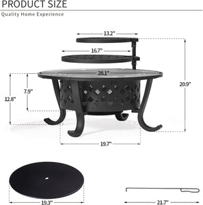 Aoxun 28" Fire Pit,Outdoor Wood Burning Fire Pit with 2 Grills, BBQ Fire Table for Heating,Picnics,Camping