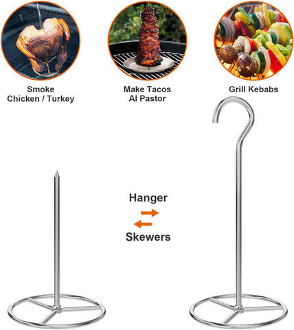 Image of Vertical Skewer Turkey Fryer Stand Kit, Al Pastor Skewer with Removable Size Spikes (1 Base, 1 Skewers and 1 Chicken Hangers), Turkey Hanger Chicken Rack for Grill Meat, Stainless Steel