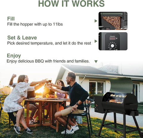 Image of Wood Pellet Grill & Smoker 8-In-1 Multifunctional Portable BBQ Grill with Automatic Temperature Control, Rugged Wheels & Rain Cover, for Backyard Camping Outdoor Cooking Smoke, Bake and Roast