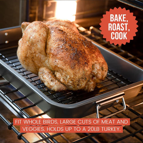 Image of Chef Pomodoro Nonstick Carbon Steel Large Roasting Pan with Rack,Turkey Roasting Pan, Roaster Pan for Oven, Turkey Roaster Pan, Roaster Bakeware Grey