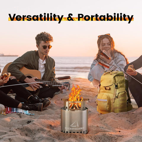 Image of QUIXOTECAMP Smokeless Fire Pit Full Stainless Steel with Top Bracket, Fire Mat, BBQ Forks, Fueled by Wood Pellets, Wood or Charcoal, Outdoor Camping, Warming,Picnics.7.1 * 9.5 in 2.78 Lbs. (Silver)