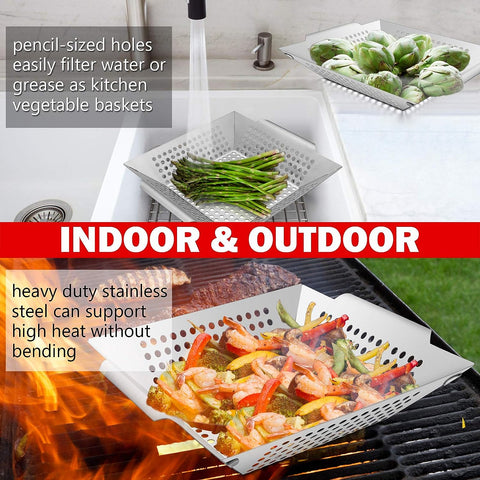 Image of 12In Grill Basket, Hasteel Large BBQ Grilling Basket Wok for Vegetable, Kabobs, Shrimps, Heavy Duty Stainless Steel Grilling Accessories for All Grills, Dishwasher Safe - (2 Packs)