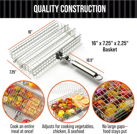 Image of Adjustable Grill Basket with Removable Handle - Grill Baskets for Outdoor Grill BBQ Accessories .Grill Nets, Grilling Accessories. Grill Basket for Veggies, Grilling Baskets for Outdoor Grilling, Fish Grilling Rack for Grill, Fish Grill Basket Braize