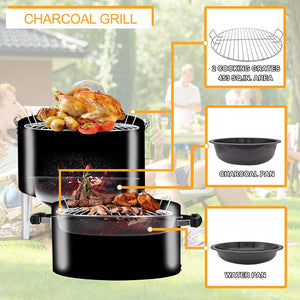 SUNLIFER Portable Charcoal BBQ Grill: Outdoor Small Charcoal Grills with Meat Smoker Combo for Backyard Patio Barbecue | Outdoor Smoking | Camping BBQ | outside Cooking