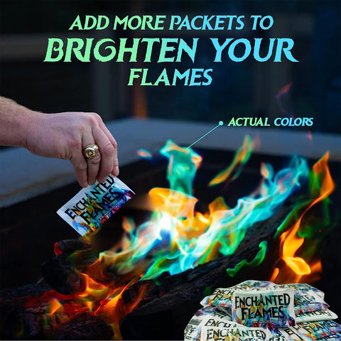 Image of Enchanted Flames Pack of 12 Fire Changing Color Packets for Campfires, Fire Pits, and Outdoor Wood Fireplaces, Longer Lasting Burn Time, Safe and Non-Toxic