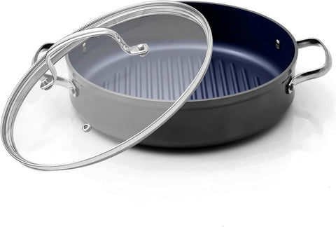 Image of 3-Quart Grill Pan with Tempered Glass Lid, Forged Lightweight, G10 Healthy Duralon Blue Ceramic Ultra Non-Stick Coating, Oven and Dishwasher-Safe, Induction-Ready, Evenly Heats & Durable, Gray
