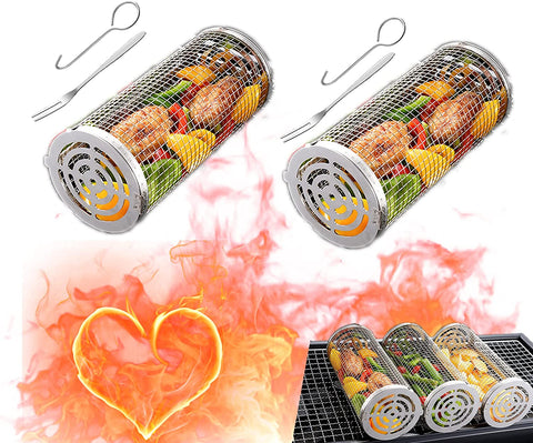 Image of 2 Pcs BBQ Rolling Grilling Basket for Outdoor Grill,Cylindrical Stainless Steel Grill Net for for Vegetables and Meat,Bbq Accessories Included（M-7.87X3.54X3.54 Inch）