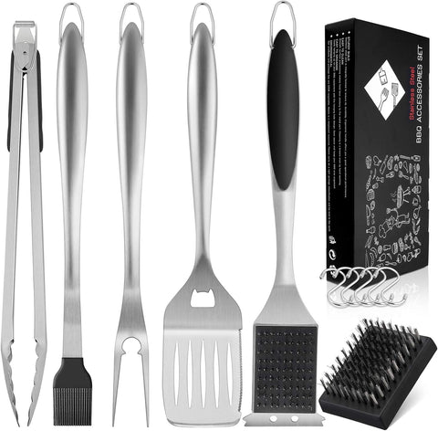 Image of BBQ Grill Set of 6, Stainless Steel Grill Accessories Tools for Outdoor Grilling Cooking Camping, Heavy Duty Grill Spatula, Tong, Fork, Basting Brush & Cleaning Brush, Black & Man’S Gift