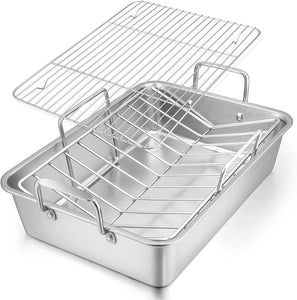 Roasting Pan, E-Far 16 X 11.5 Inch Stainless Steel Turkey Roaster with Rack - Deep Broiling Pan & V-Shaped Rack & Flat Rack, Non-Toxic & Heavy Duty, Easy Clean & Dishwasher Safe - Large