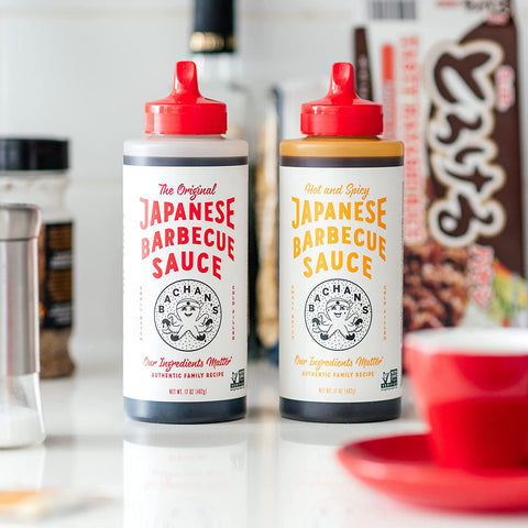 Image of Bachan'S Variety Pack Japanese Barbecue Sauce, (1) Original (1) Hot and Spicy, BBQ Sauce for Wings, Chicken, Beef, Pork, Seafood, Noodles, and More. Non GMO, No Preservatives, Vegan, BPA Free